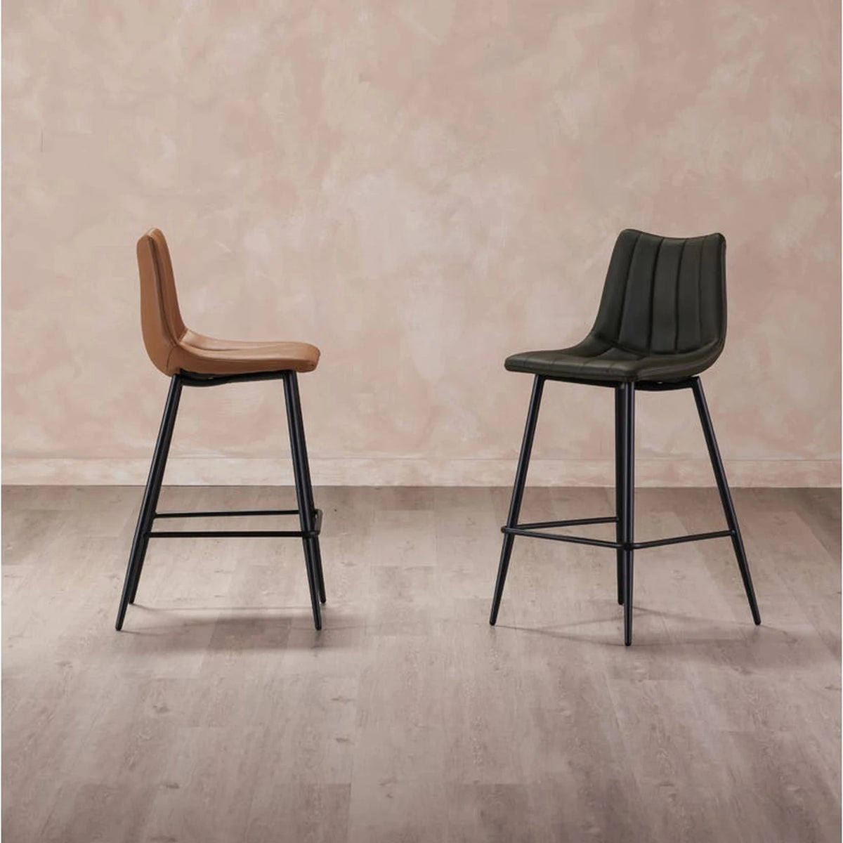 Aubusson Bar Stool Set of Two in Dark Green, styled in a living room