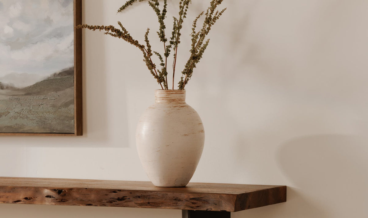 Bergamo Console Table in Brown, styled in a living room, view 2