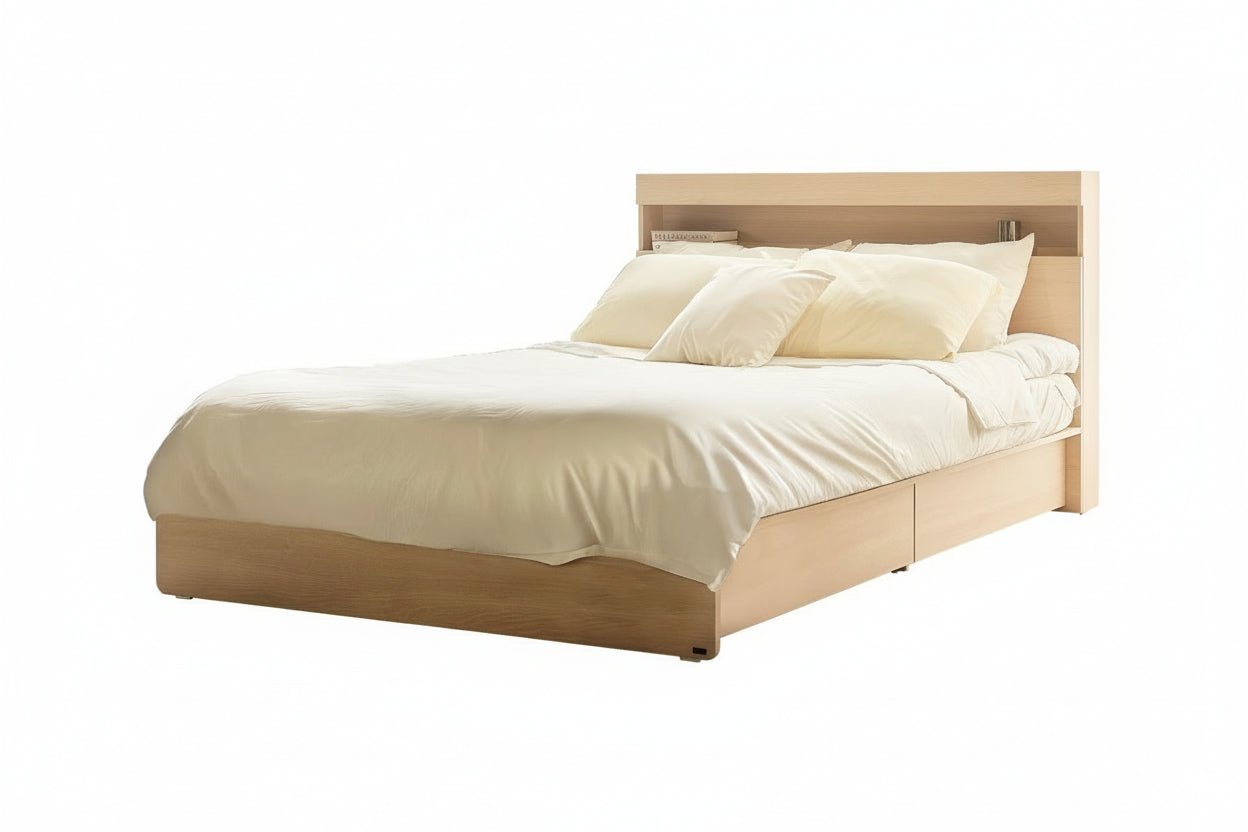 Vienna Wooden Bed with Storage Drawers & Integrated Power Outlets (Natural Wood) - Altera