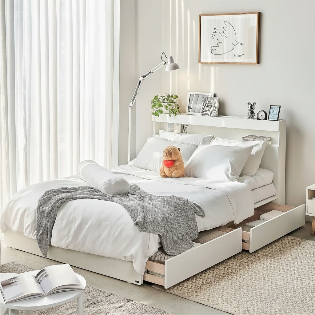 Vienna Wooden Bed with Storage Drawers & Integrated Power Outlets (White) - Altera