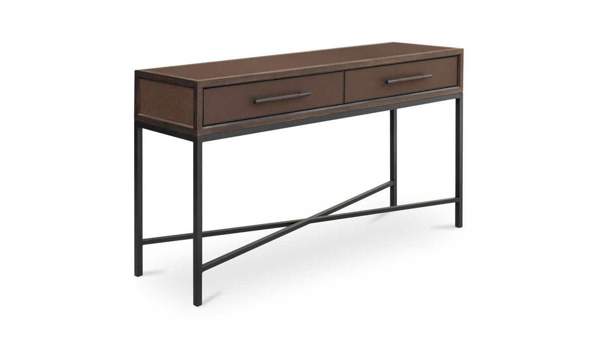 Moravia Console Table in Brown, shagreen patterned pu detail