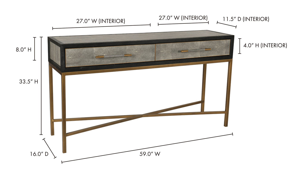 Moravia Console Table in Grey, dimensions diagram, 59" × 16"