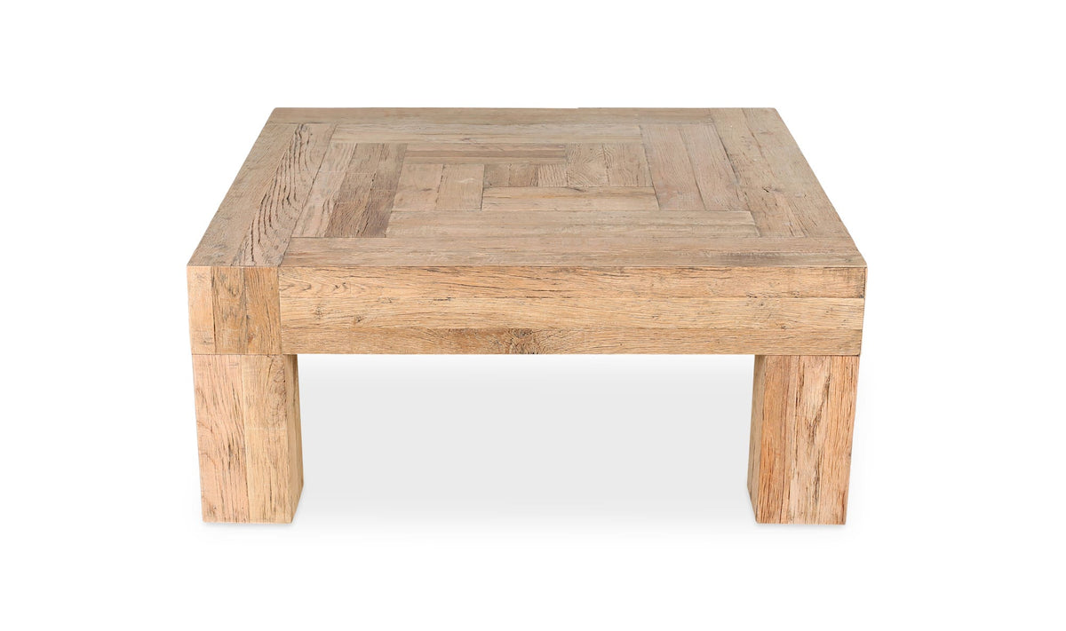 Exeter Coffee Table in Natural — solid reclaimed oak frame, 39½" × 39½"
