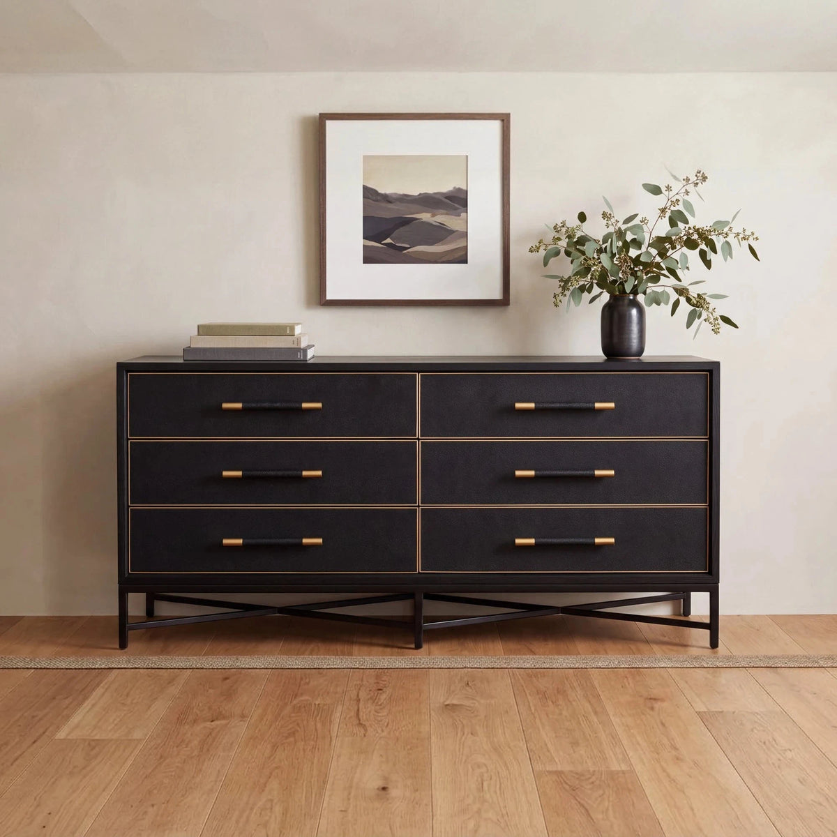Moravia Dresser in Black, styled in a living room