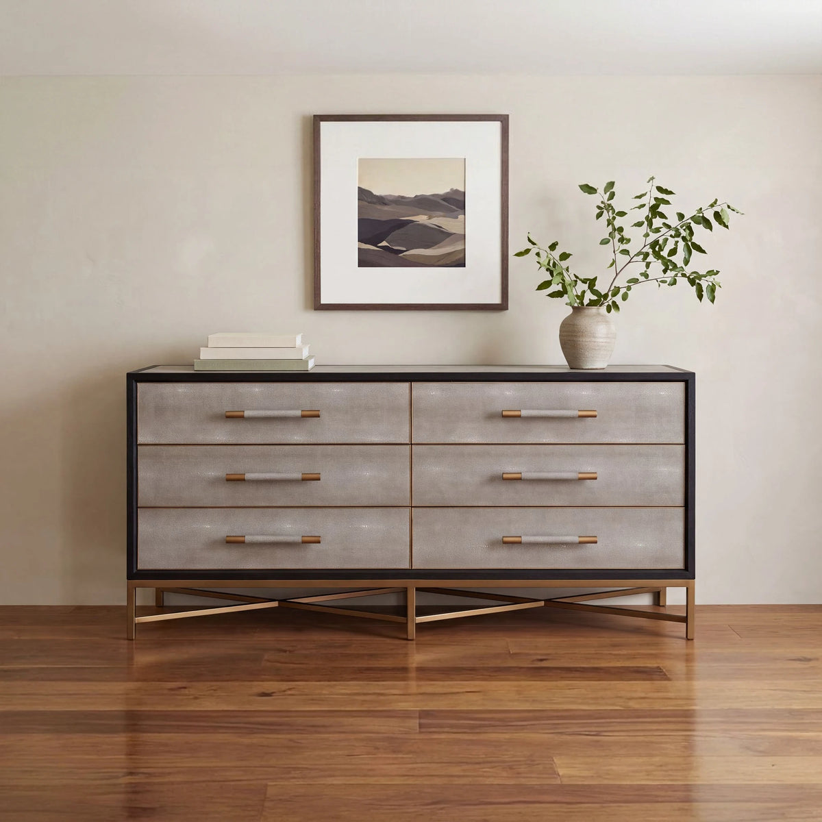 Moravia Dresser in Grey, styled in a living room