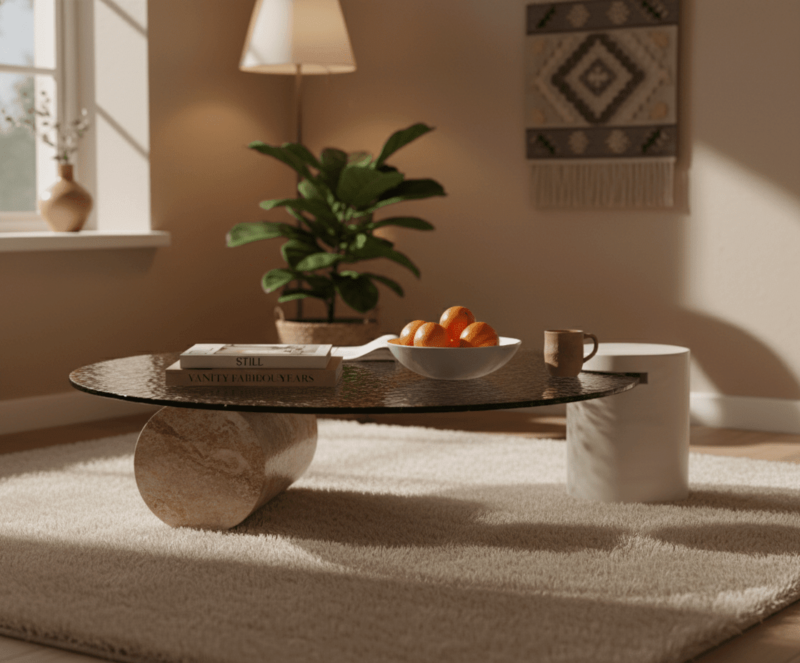 Water Ripple Glass Coffee Table with Stone Base - Altera