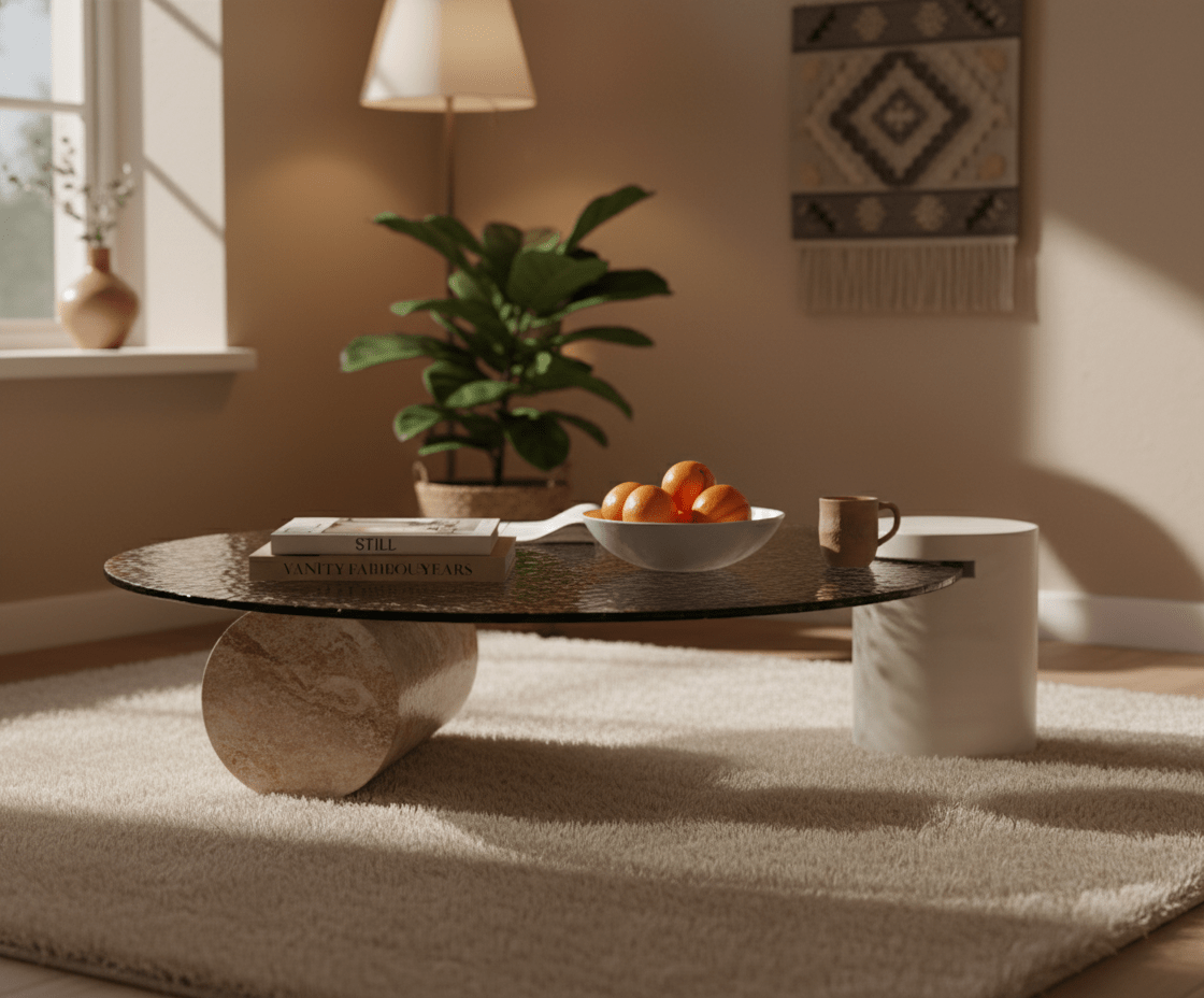 Water Ripple Glass Coffee Table with Stone Base - Altera