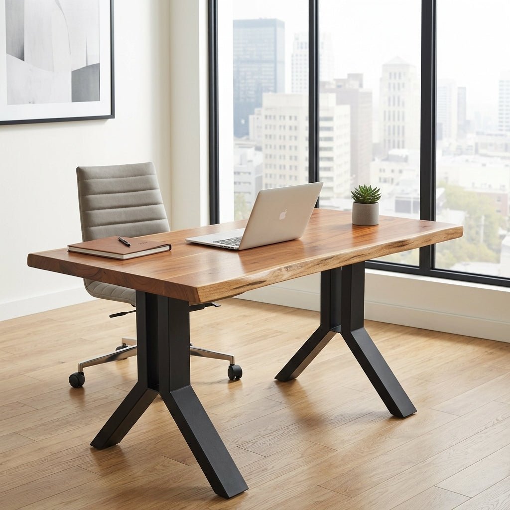 Work Desk in Solid Acacia Wood with Black Steel Legs - Altera
