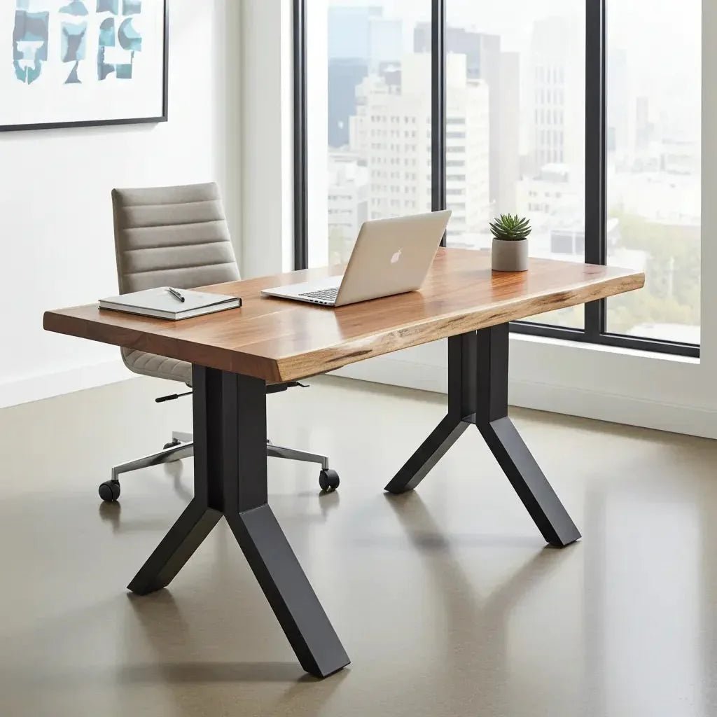 Work Desk in Solid Acacia Wood with Black Steel Legs - Altera