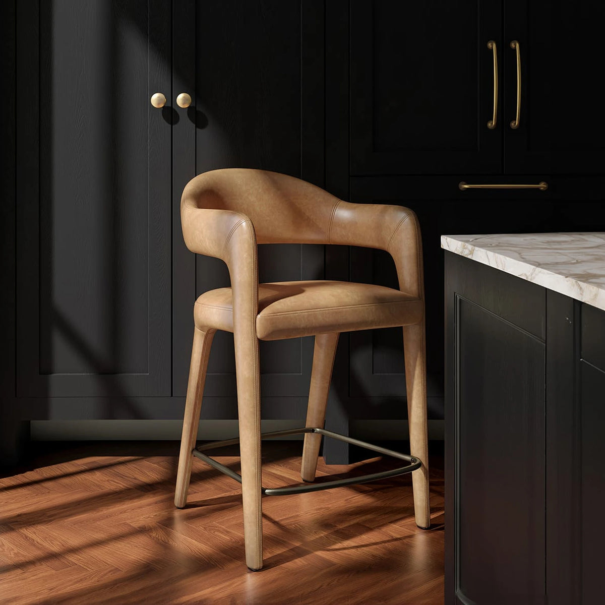 Massa Counter Stool in Brown Leather, styled in a living room