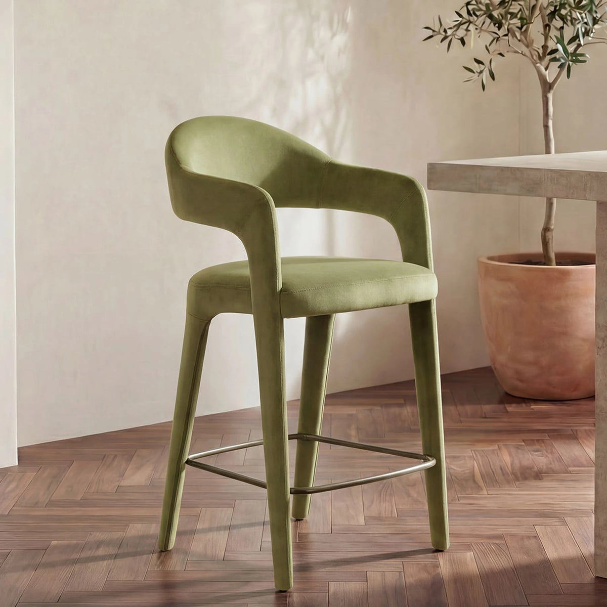 Massa Counter Stool in Green Velvet, styled in a living room