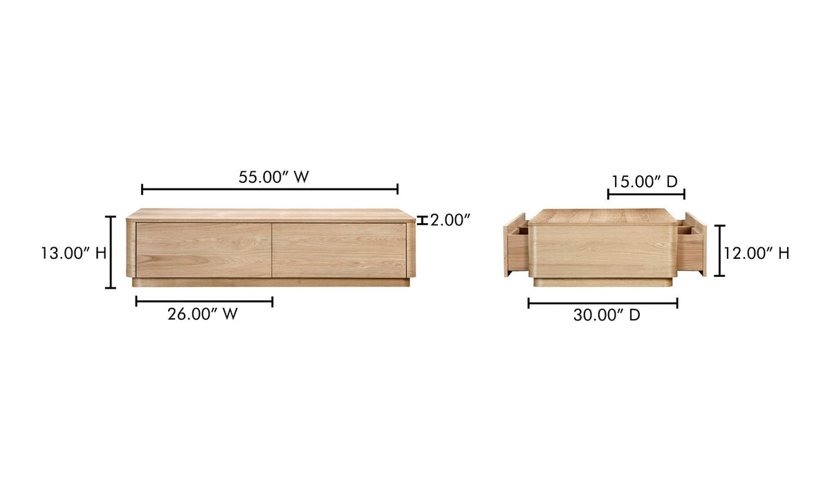 Ostuni Coffee Table in Natural Oak — dimensions diagram, 55" × 30"