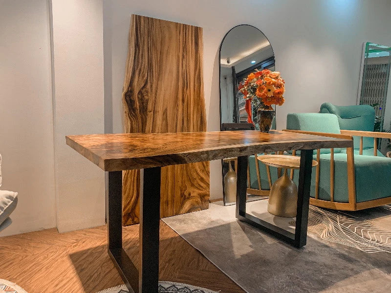 Premium Natural Edge Rain Tree Solid Wood Dining Table 1.2m Iron Legs