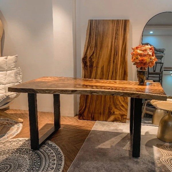 Premium Natural Edge Rain Tree Solid Wood Dining Table 1.2m Iron Legs