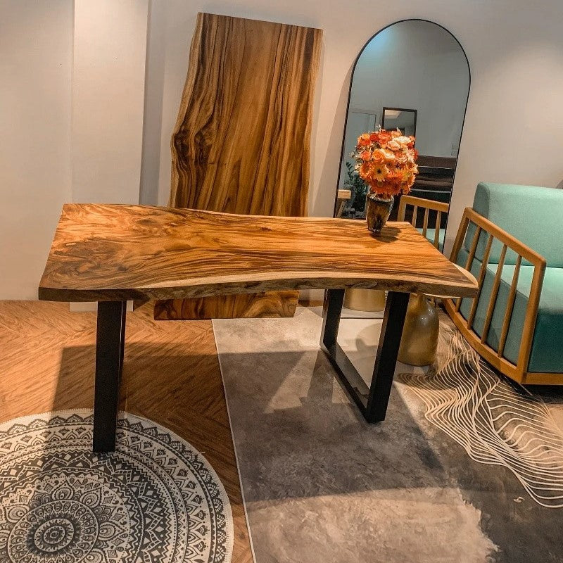 Premium Natural Edge Rain Tree Solid Wood Dining Table 1.2m Iron Legs