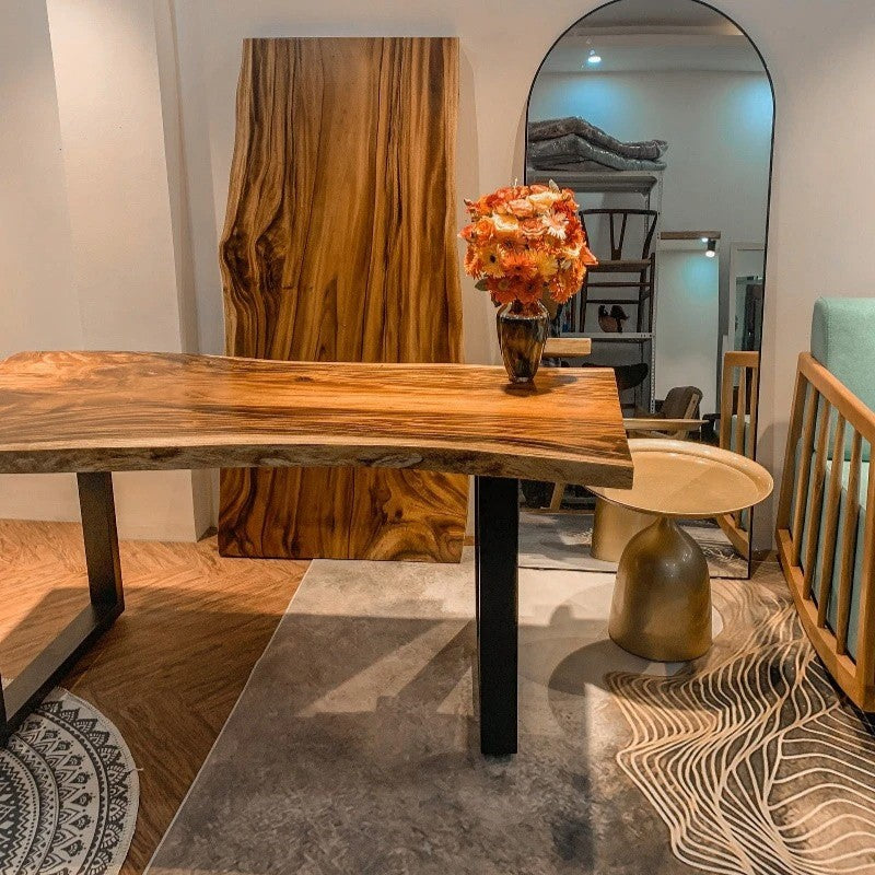 Premium Natural Edge Rain Tree Solid Wood Dining Table 1.2m Iron Legs