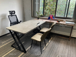 Modern MID Office Desk: X-Frame Steel Legs, Wood Top, Versatile Workspace